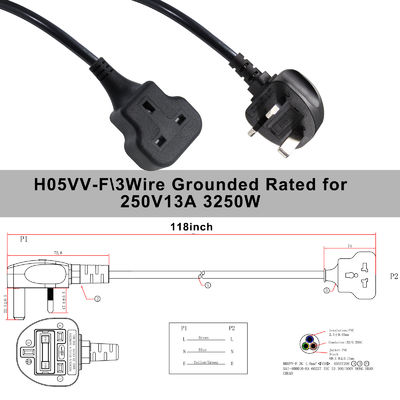 UK 3-poliges Verlängerungskabel 1M 13A 250V AC Netzkabel