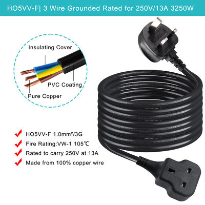 UK 3-poliges Verlängerungskabel 1M 13A 250V AC Netzkabel