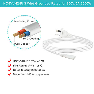SAA bis IEC C7 Stromkabel 2-Pin AU Stecker 1M Weiß ROHS-zertifiziert
