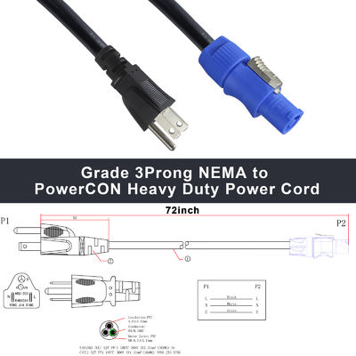 NEMA 5-15P zu NAC3FCA 10A/15A amerikanisches Netzteil AC 14AWG NEMA5-15P zu PowerCon NAC3FCA für LED-Bildschirm