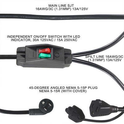 15A/125V Flat Plug Inline 1 Main Line 2 Sub Nema 515P 3Pin Y Typ Splitter Stromkabel mit Schalter
