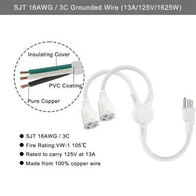 125V 13A Stromkabel NEMA5-15P zu NEMA 5-15R 1 bis 2 Y Splitter SJT 16AWG 3 Draht
