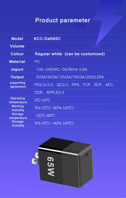 Kurzschlussschutz 65W GaN-Ladegerät mit QC4.0 PD- und USB-C-Anschluss EU/US/UK
