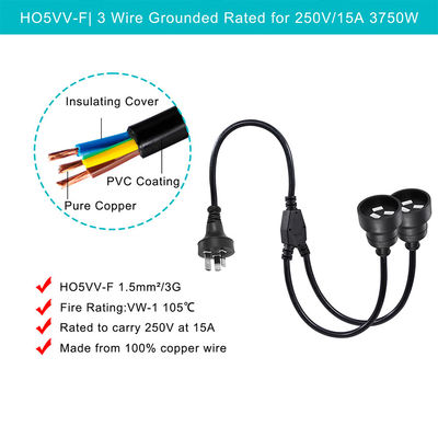 Australien Stecker H05vv-f 3g 3*0.5mm2/0.75mm2 IEC Stecker Stromkabel mit Doppelweibchen