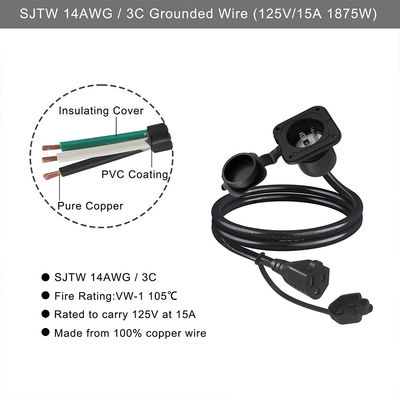 NEMA 5-15R Wasserdichtes Konverter-Netzkabel 1M 15A 125V