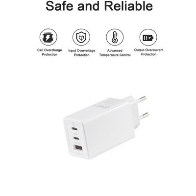 Europäische GaN Tech 3Ports 65W USB C USB-A QC3.0 Ladegerät für Laptop Weiß