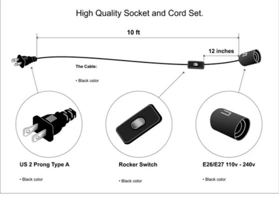 NEMA 1-15P E14 Steckdose-Umrichterkabel mit 303 Schalter - 3-Stick-Stecker zum Glühbirnenadapter für Tischlampe/Kronleuchter (125V 3A)