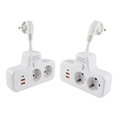 Multifunktionaler EU-Stromanschlussverlängerer mit 2 USB-Anschlüssen, 2 Wechselstromanschlüssen und Typ-C-Ladeanschluss 250 V Wandadapter