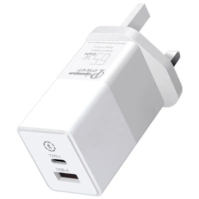 UK 2-Pin-Wandladegerät mit USB-C- und USB-A-Anschlüssen, 65 Watt Dual-Port Hochgeschwindigkeits-Power-Adapter für Laptop/Telefon/Tablet