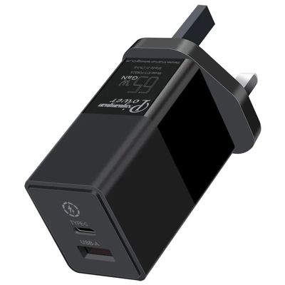 UK 2-Pin-Wandladegerät mit USB-C- und USB-A-Anschlüssen, 65 Watt Dual-Port Hochgeschwindigkeits-Power-Adapter für Laptop/Telefon/Tablet