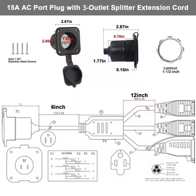 NEMA 5-15P auf 2x 5-15R Y-Splitter-Verlängerungskabel - 2 Ausgänge, 125V/15A, UL-gelistet für den Innenbereich