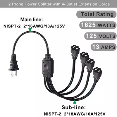 1-zu-4 NEMA 1-15P Flat Plug Power Splitter - platzsparende 125V 15A Multi-Outlet Erweiterung für Zuhause / Büro