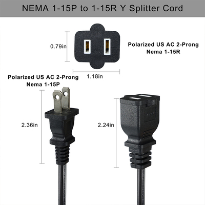 NEMA 1-15P bis 1-15R 2-Spitzen-Verlängerungskabel 110V-250V Kupfer-PVC