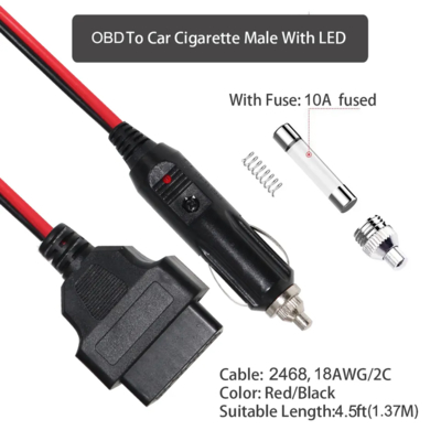 12V Auto-Zigarettenanzünder-Stecker auf OBD2-Anschluss Diagnose-Stromkabel mit Sicherung für Automotive Scanner Code-Lesegerät ECU