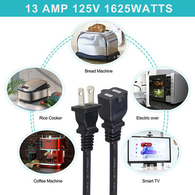 NEMA 1-15P to NEMA 1-15R Power Extension Cord 18AWG Black 2 Prong AC Cable for Appliance Office Equipment Lighting Electronics